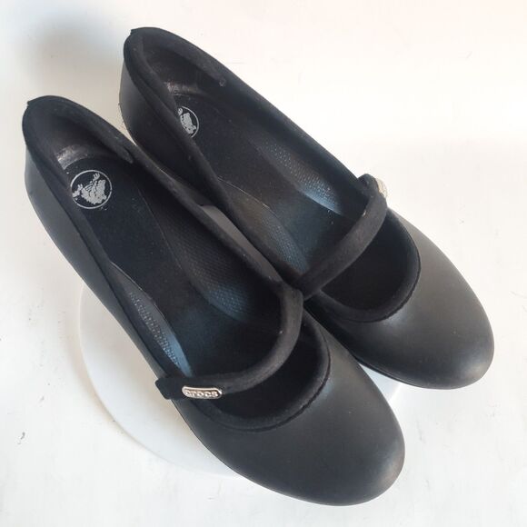 Crocs Mary Jane Heels Size 9 Womens Comfort Shoes Wedge Black Casey Travel Logo - Picture 10 of 10